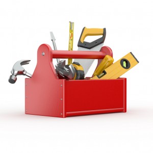 Marketing Toolbox with tools. Skrewdriver, hammer, handsaw and wrench