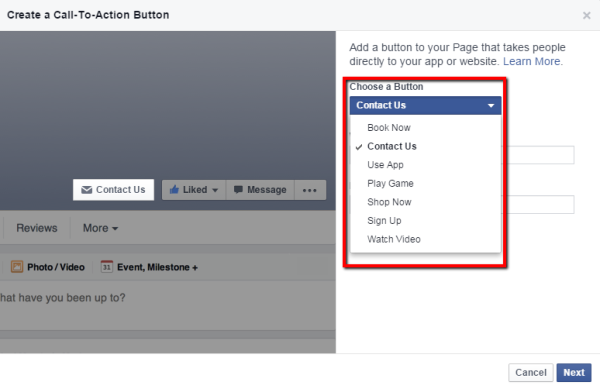 setup facebook page call to action